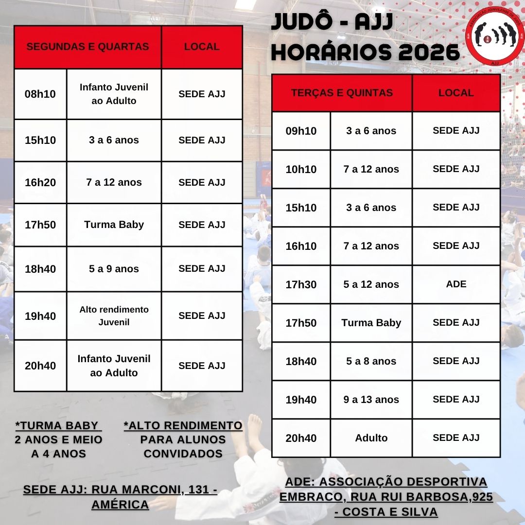 Horários das turmas de judô da AJJ em 2026