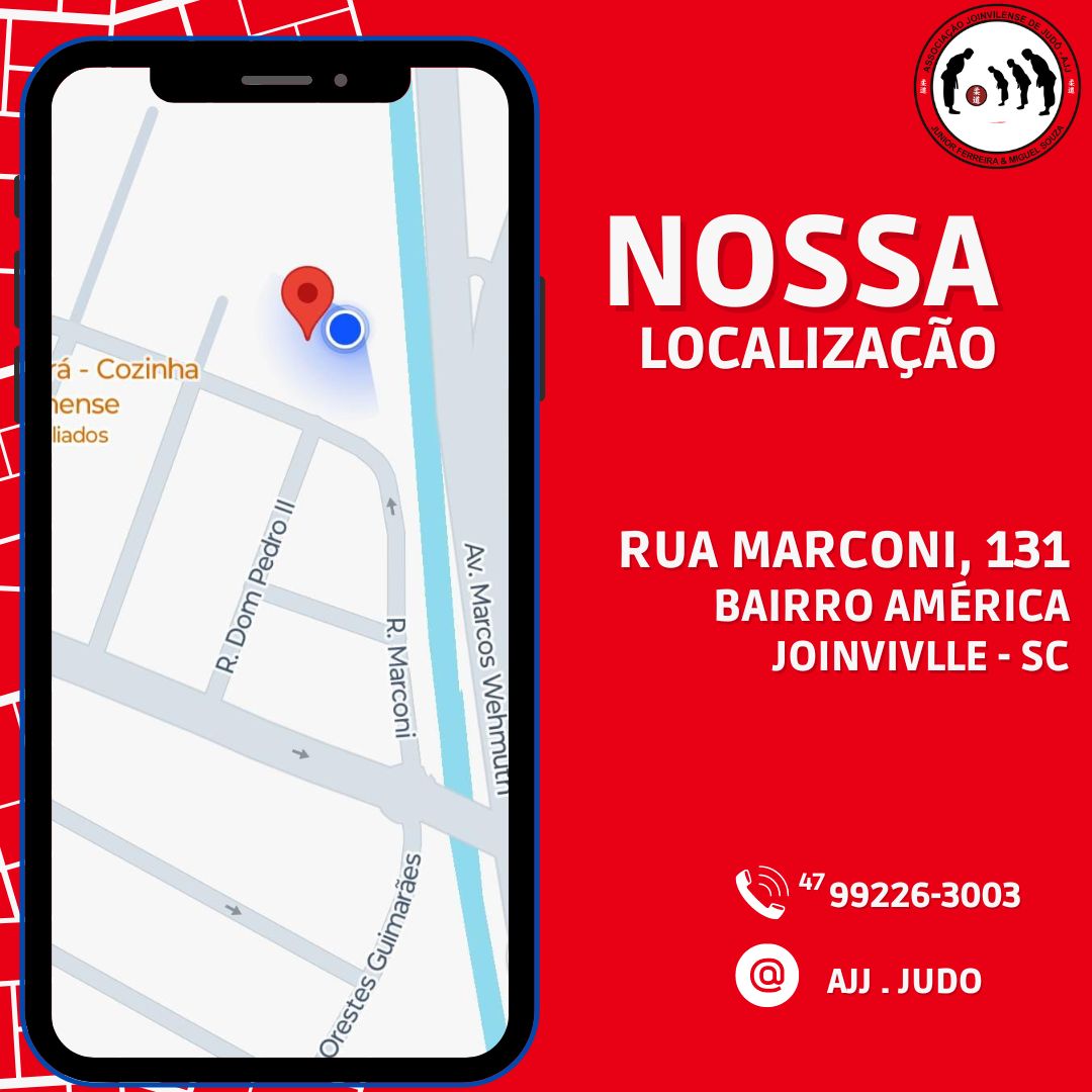 Localização da sede AJJ na Rua Marconi, 131, bairro América, Joinville